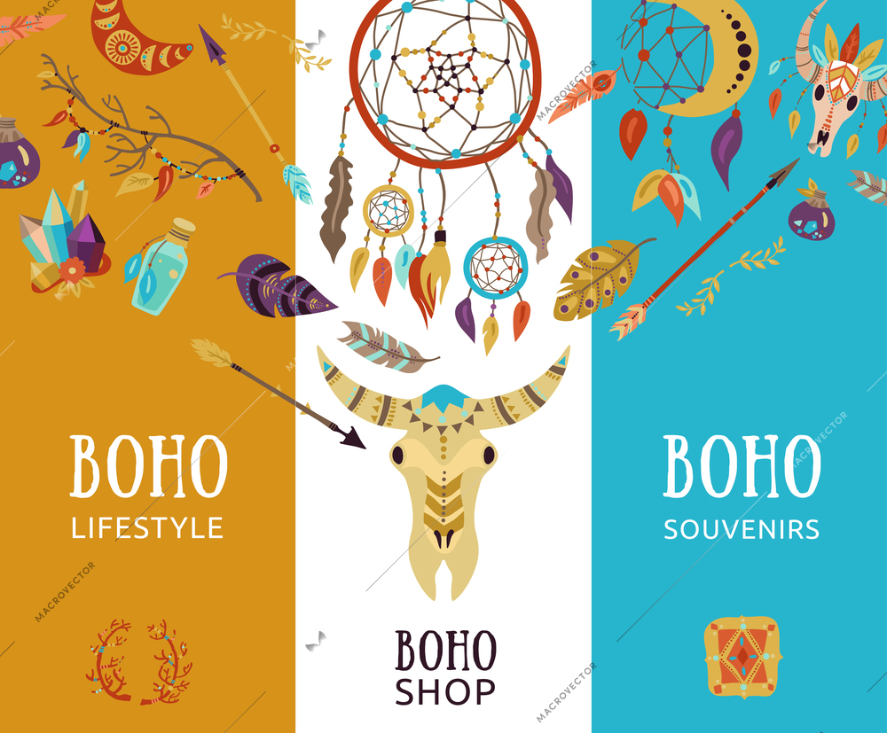 Boho souvenir lifestyle decorative elements 3 vertical banners with buffalo head dream catcher arrows isolated vector illustration