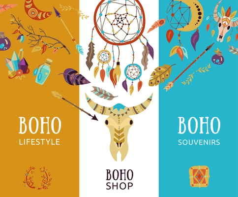 Boho souvenir lifestyle decorative elements 3 vertical banners with buffalo head dream catcher arrows isolated vector illustration