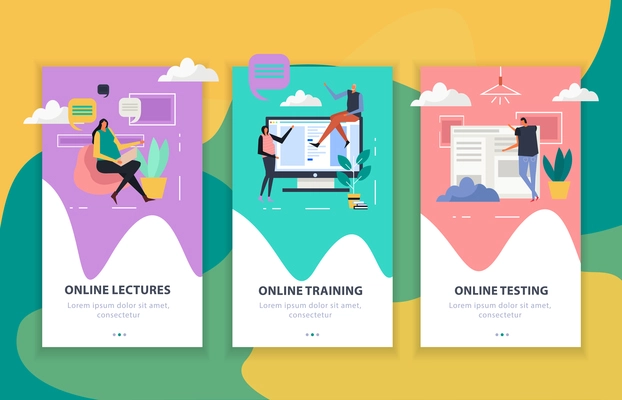 Online education set of flat vertical banners, internet lectures and testing, web training isolated vector illustration