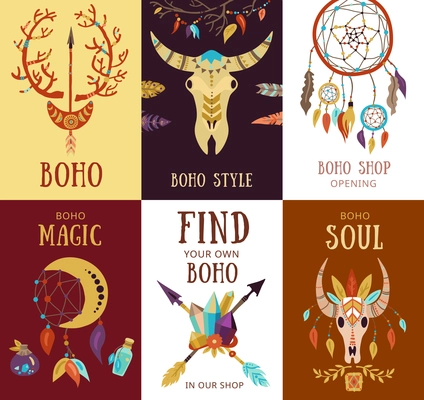 Boho style souvenirs decorative hipster interior elements sale promotion 8 cards mini banners collection isolated vector illustration