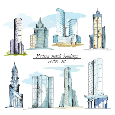 Modern urban sketch building with architectural elements isolated vector illustration