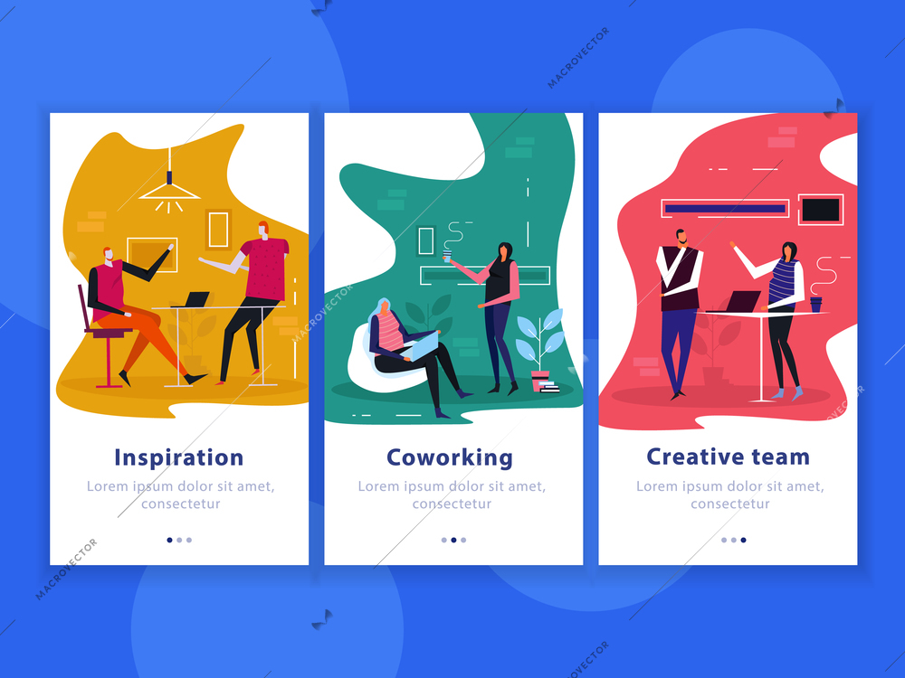 Set of flat vertical banners coworking, creative team, inspiration isolated on blue background vector illustration