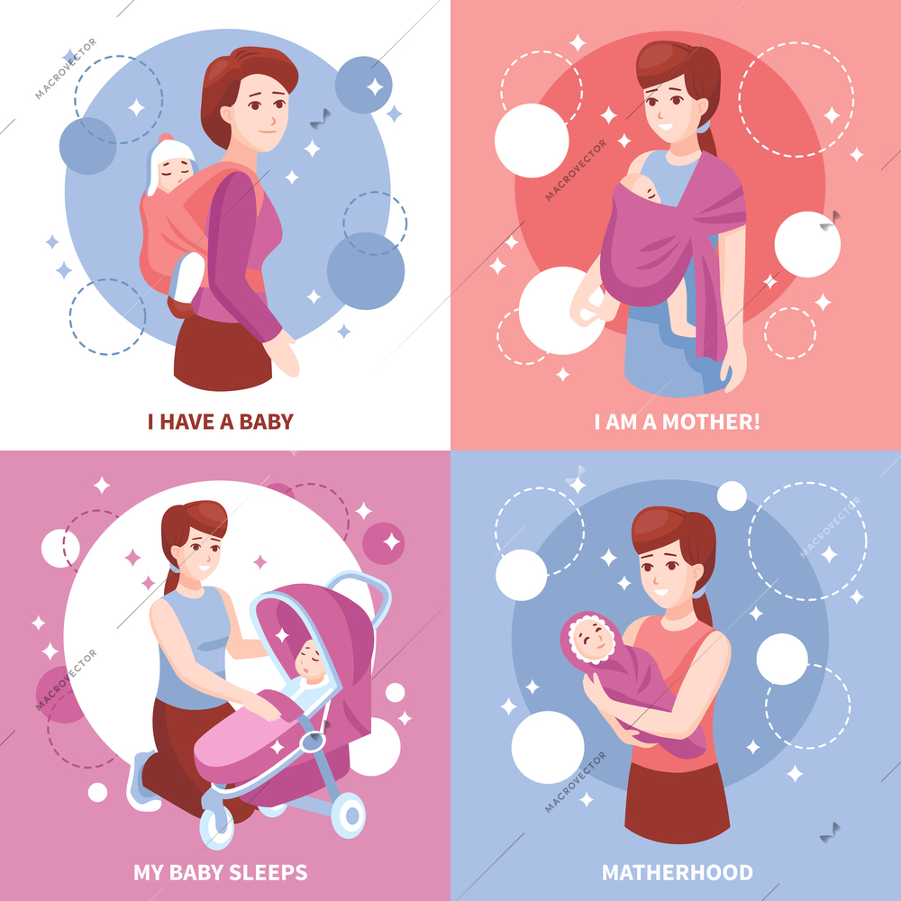 Sleeping kid in mothers arms baby carrier sling pram concept 4 pink blue icons isolated vector illustration