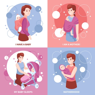 Sleeping kid in mothers arms baby carrier sling pram concept 4 pink blue icons isolated vector illustration