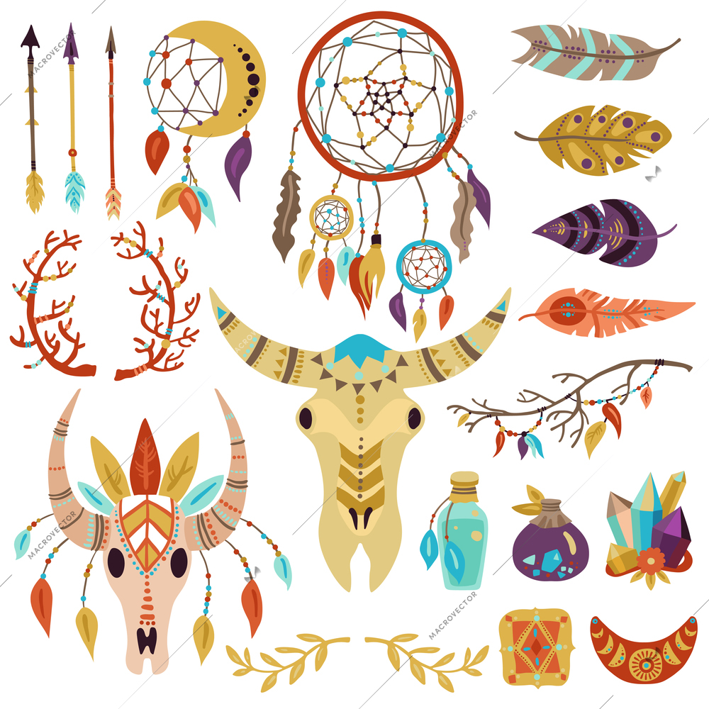 Boho symbols decorative elements collection with dream catcher feathers twigs arrows crystals buffalo head isolated vector illustration