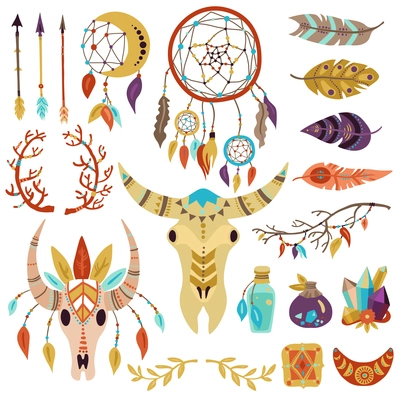 Boho symbols decorative elements collection with dream catcher feathers twigs arrows crystals buffalo head isolated vector illustration