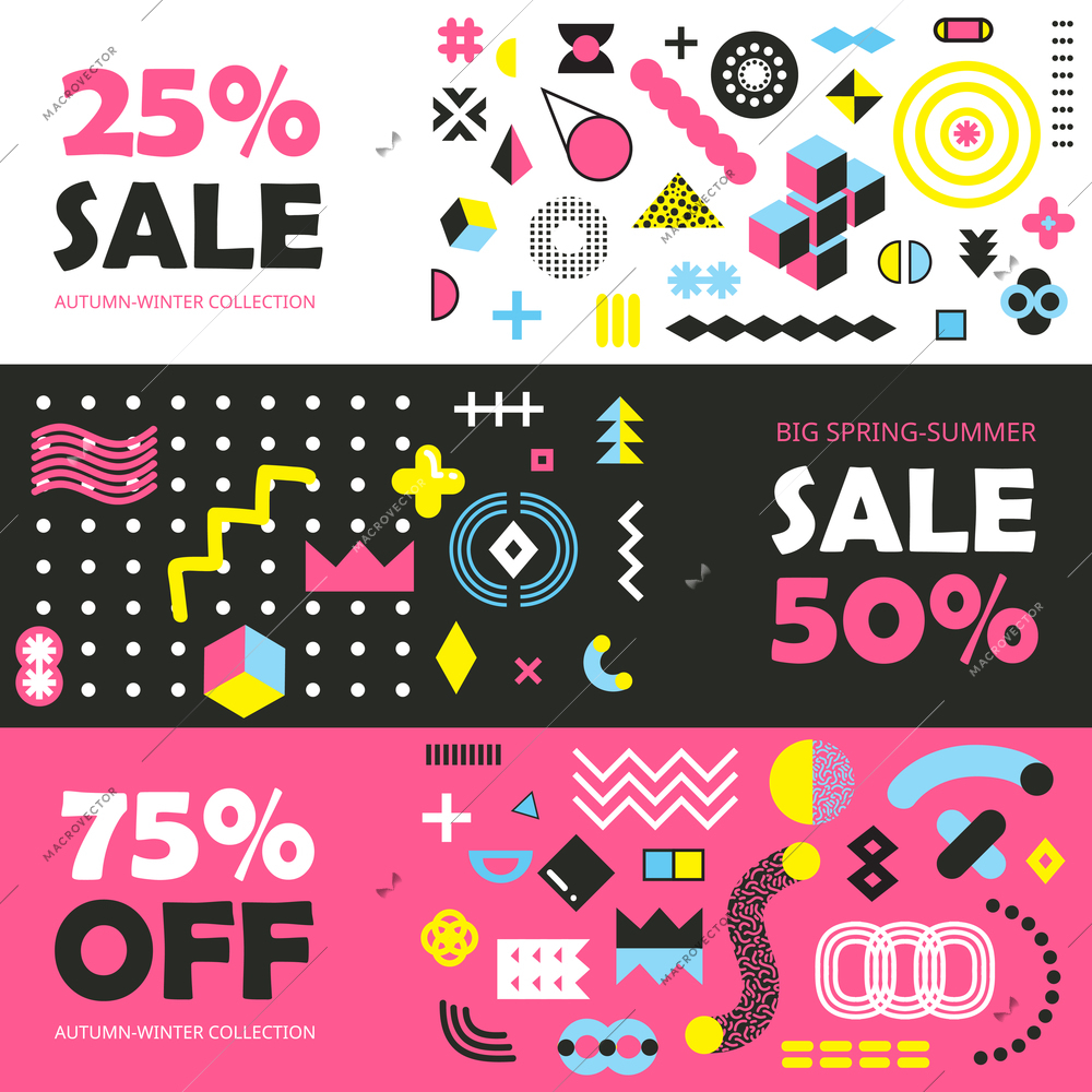 Memphis design decorative geometric bright elements patterns sale 3 horizontal black pink banners set isolated vector illustration