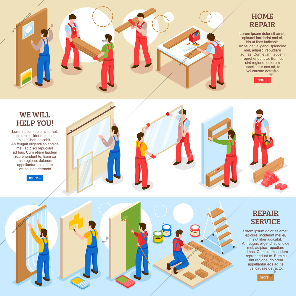 Home repair renovation interior remodeling company service 3 horizontal isometric banners web page design isolated vector illustration