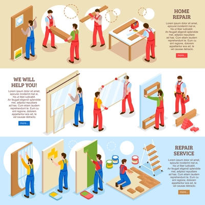 Home repair renovation interior remodeling company service 3 horizontal isometric banners web page design isolated vector illustration