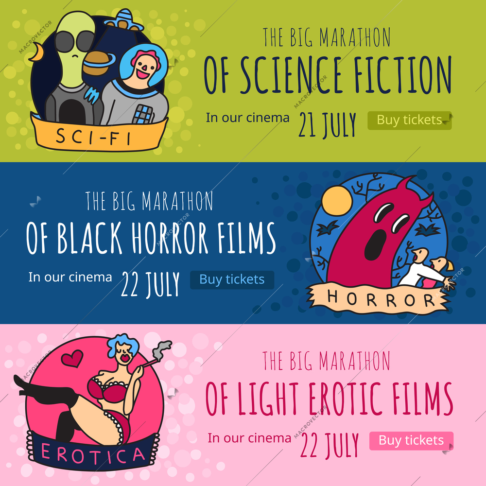 Cinema genres 3 funny colorful horizontal banners with science fiction horror and erotic movies isolated vector illustration