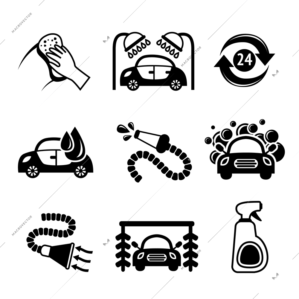 Car wash black and white auto cleaner washer shower service isolated icons vector illustration