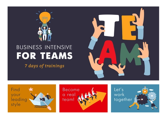 Teamwork cooperation management training  for business efficiency and success advertisement colorful horizontal banners set isolated vector illustration