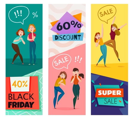 People and emotions vertical banners set with sale and discount symbols flat isolated vector illustration