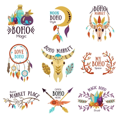 Boho magic symbols emblems collection for market place with moon dream catcher buffalo head isolated vector illustration