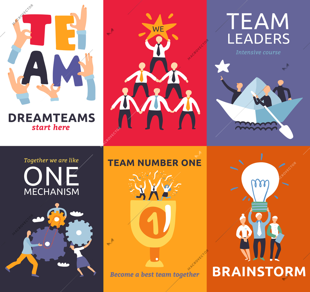 Successful teamwork symbols 8 colorful cards mini banners with brainstorm matching cogwheels project leaders  isolated vector illustration