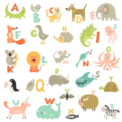 Complete children abc alphabet for babies toddlers preschoolers with funny animals pictures for each letter vector illustration