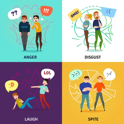 People and emotions concept icons set with laugh and anger symbols flat isolated vector illustration