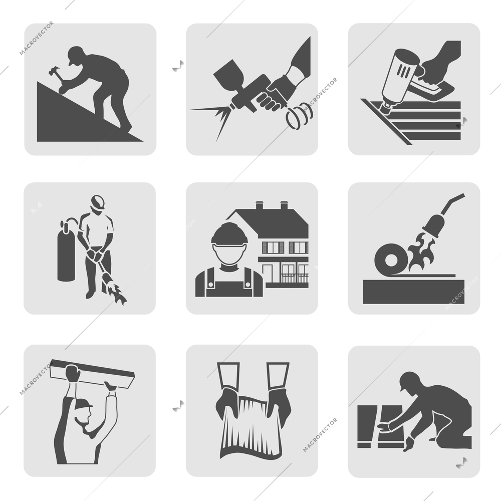 Roofer construction worker tradesman house builder icons set isolated vector illustration