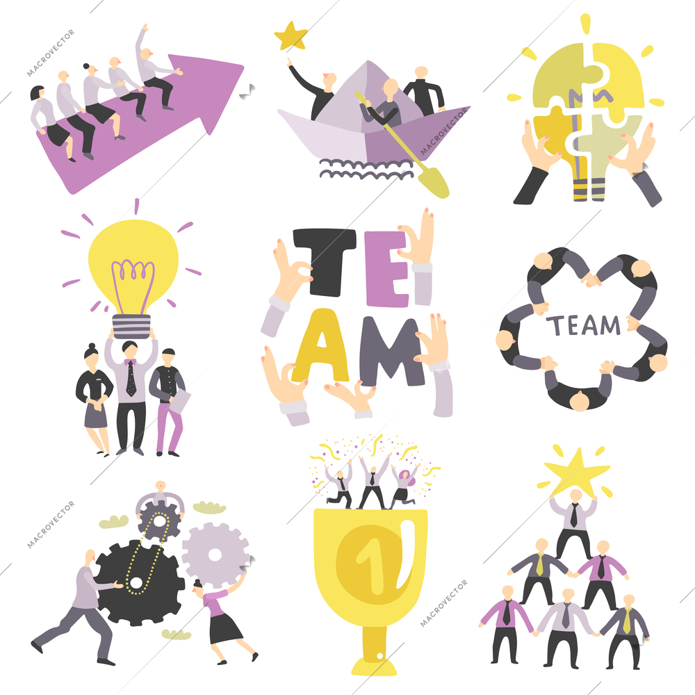 Teamwork team collaboration for success symbols collection with business cogwheels matching puzzle elements connecting isolated vector illustration