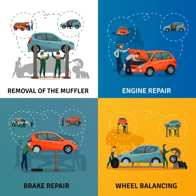 Car service concept icons set with brake repair symbols flat isolated vector illustration