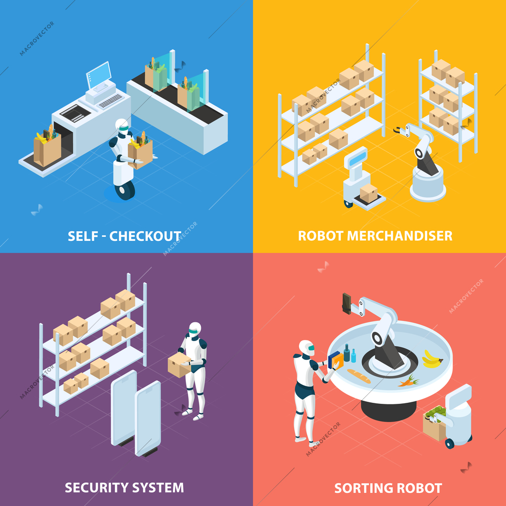 Automated shops isometric concept with self checkout, robots for merchandising and sorting, security system isolated vector illustration