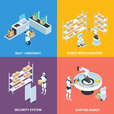 Automated shops isometric concept with self checkout, robots for merchandising and sorting, security system isolated vector illustration