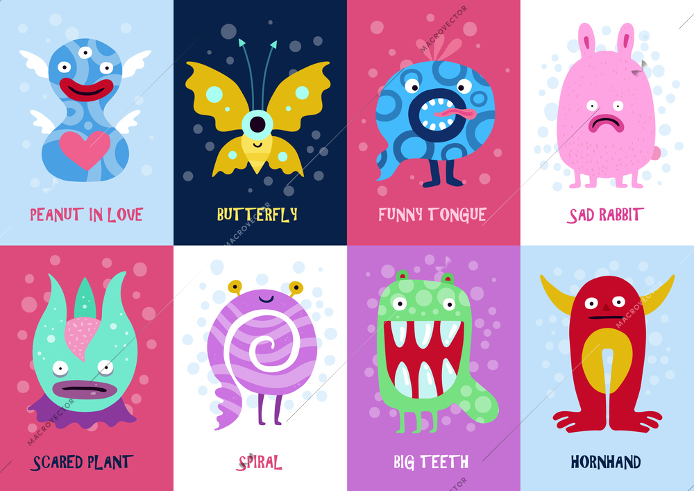 Funny monsters colorful background cards set with spiral scared plant and funny tongue creatures isolated vector illustration