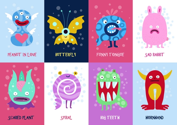 Funny monsters colorful background cards set with spiral scared plant and funny tongue creatures isolated vector illustration