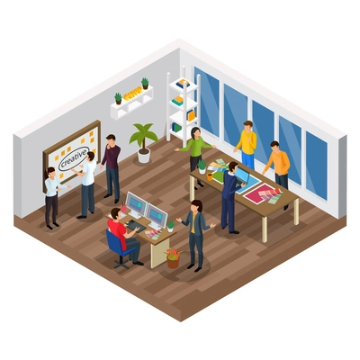 Advertising agency isometric composition with creative team, planning process, computer designer, office interior, vector illustration