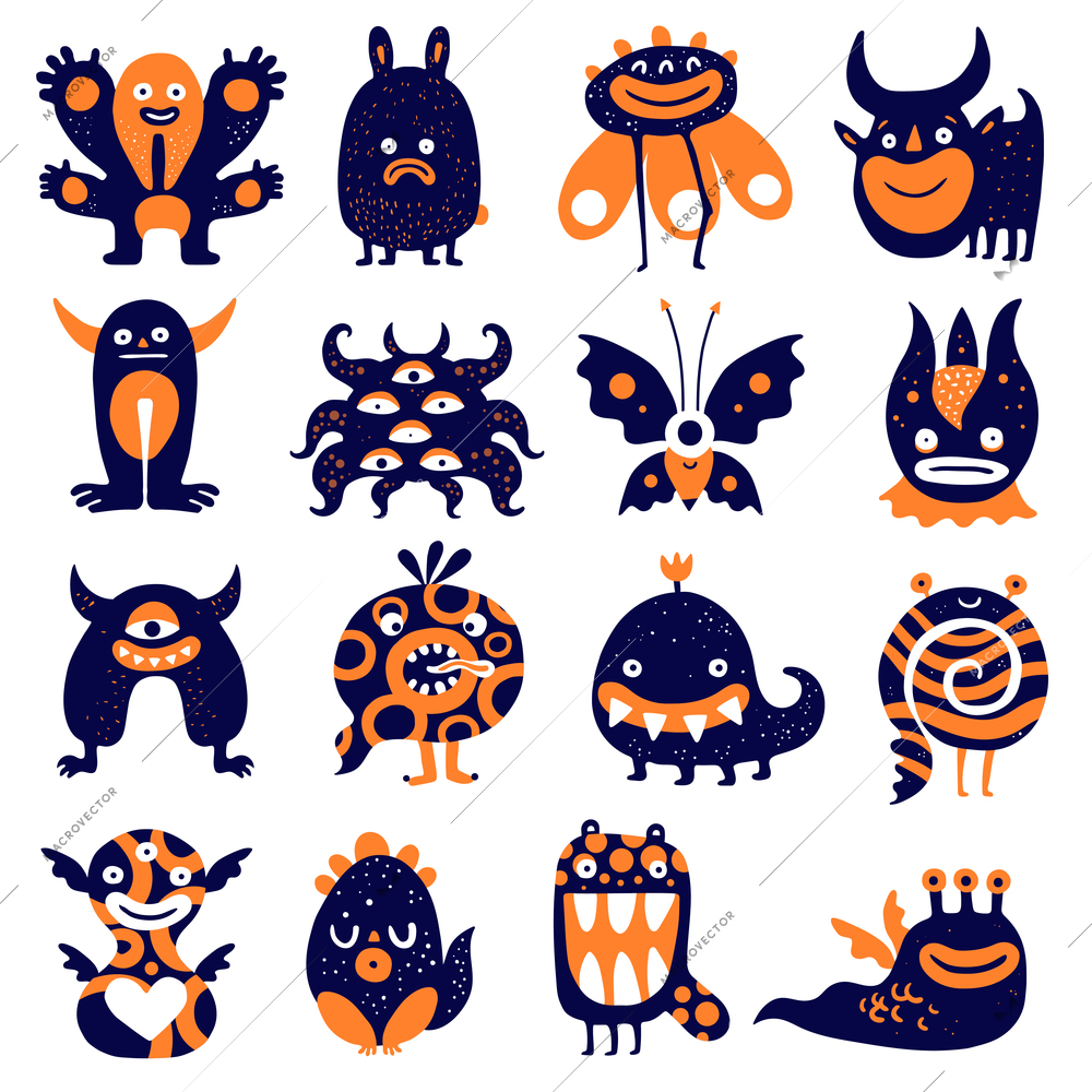 Funny monsters big set with butterfly scary plant sad rabbit spiral black orange creatures isolated vector illustration