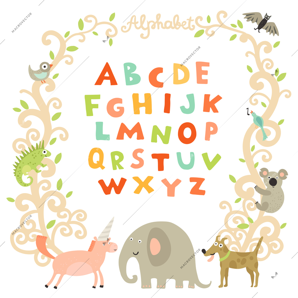 Complete children alphabet preschool abc book page with attractive colorful font and funny animals frame vector illustration