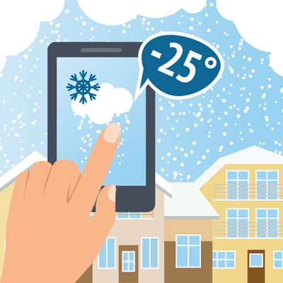 Weather forecast snow smart phone poster with winter town background vector illustration