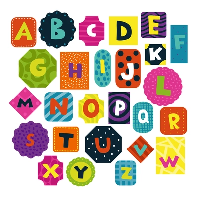 Children alphabet funny shaped and textured letters cards collection for preschoolers toddlers little kids isolated vector illustration