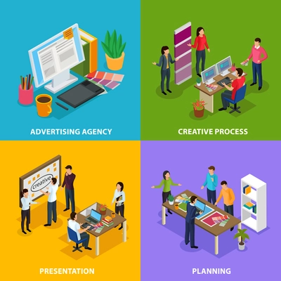 Advertising agency isometric design concept with work place of designer, creative process, presentation, planning isolated vector illustration