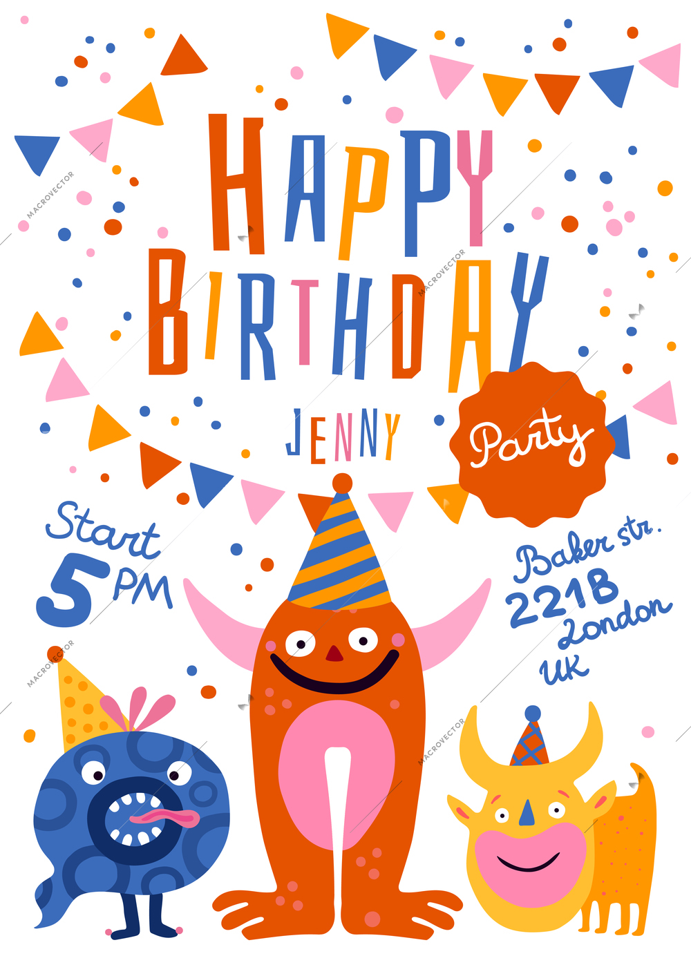 Birthday party announcement invitation poster with funny monsters in cone hats time address festive decorations vector illustration