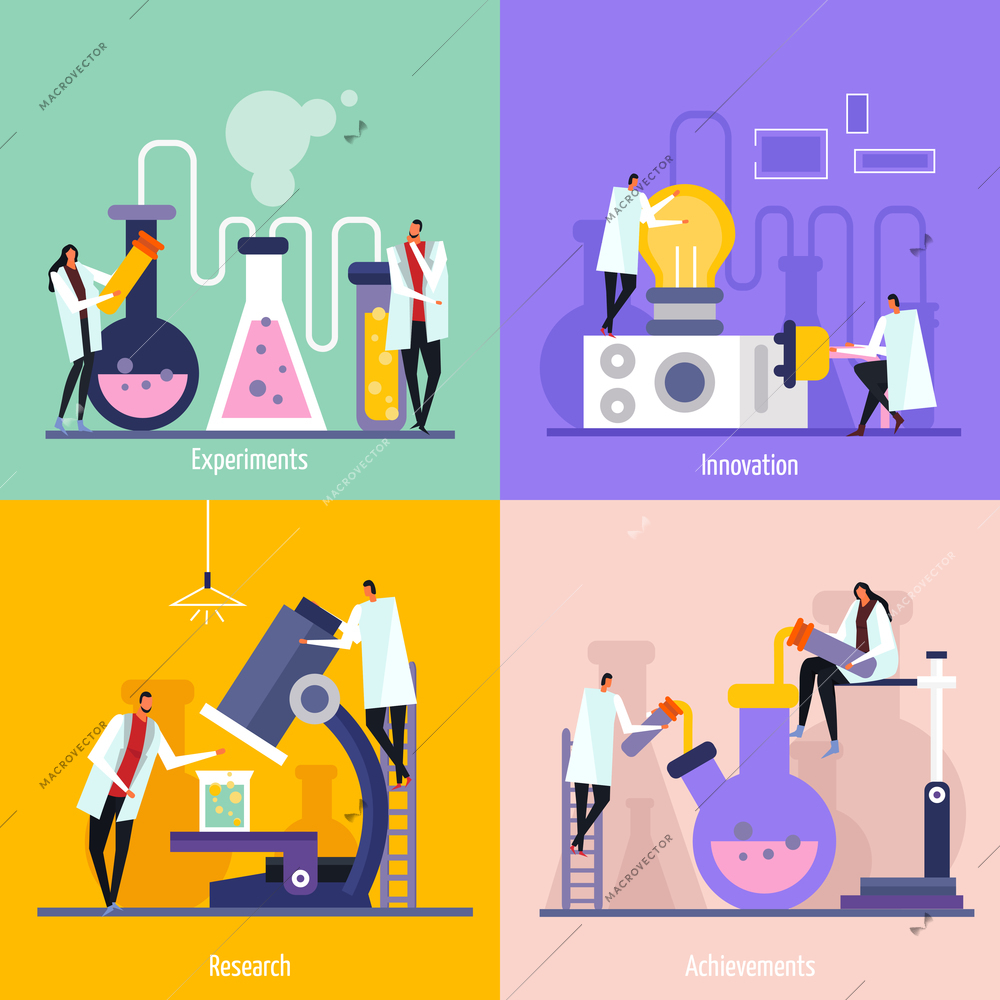 Science lab flat design concept with experiments, innovation, research and achievement isolated vector illustration