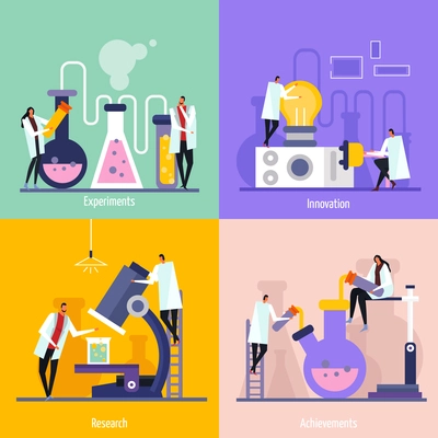 Science lab flat design concept with experiments, innovation, research and achievement isolated vector illustration