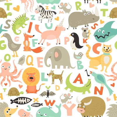 Children first abc seamless pattern with kids favorite funny animals pictures for each alphabet letter vector illustration