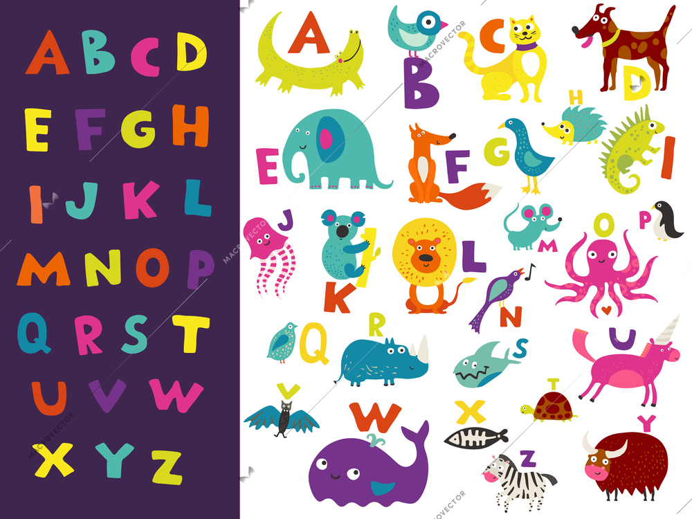 Children toddlers preschoolers abc learning set with bright colorful eye catching letters and funny animals vector illustration