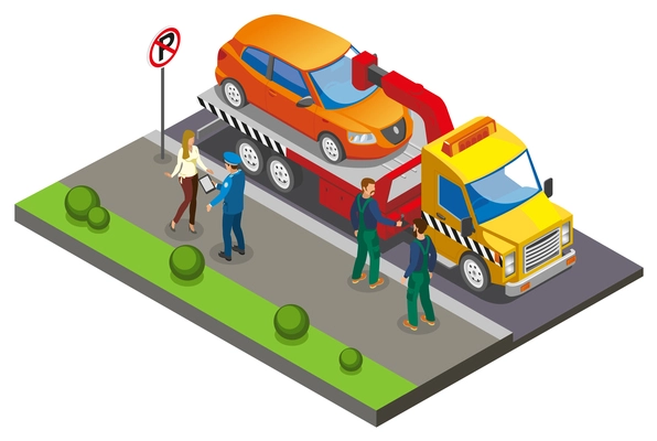 Colored Isometric parking composition with employees take the car to the parking lot because of improper parking vector illustration