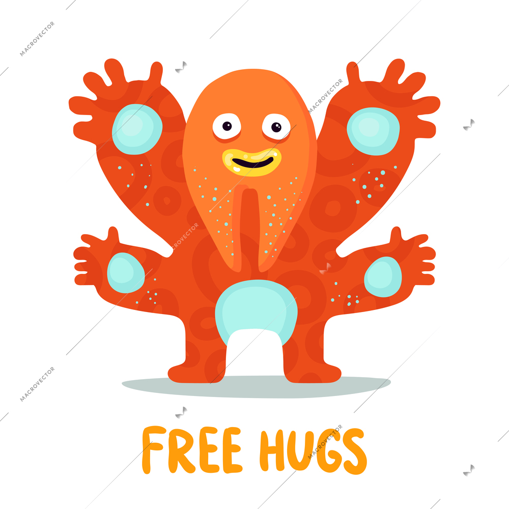 Free hugs card image with funny friendly smiling monster stretching forward his 4 arms paws vector illustration