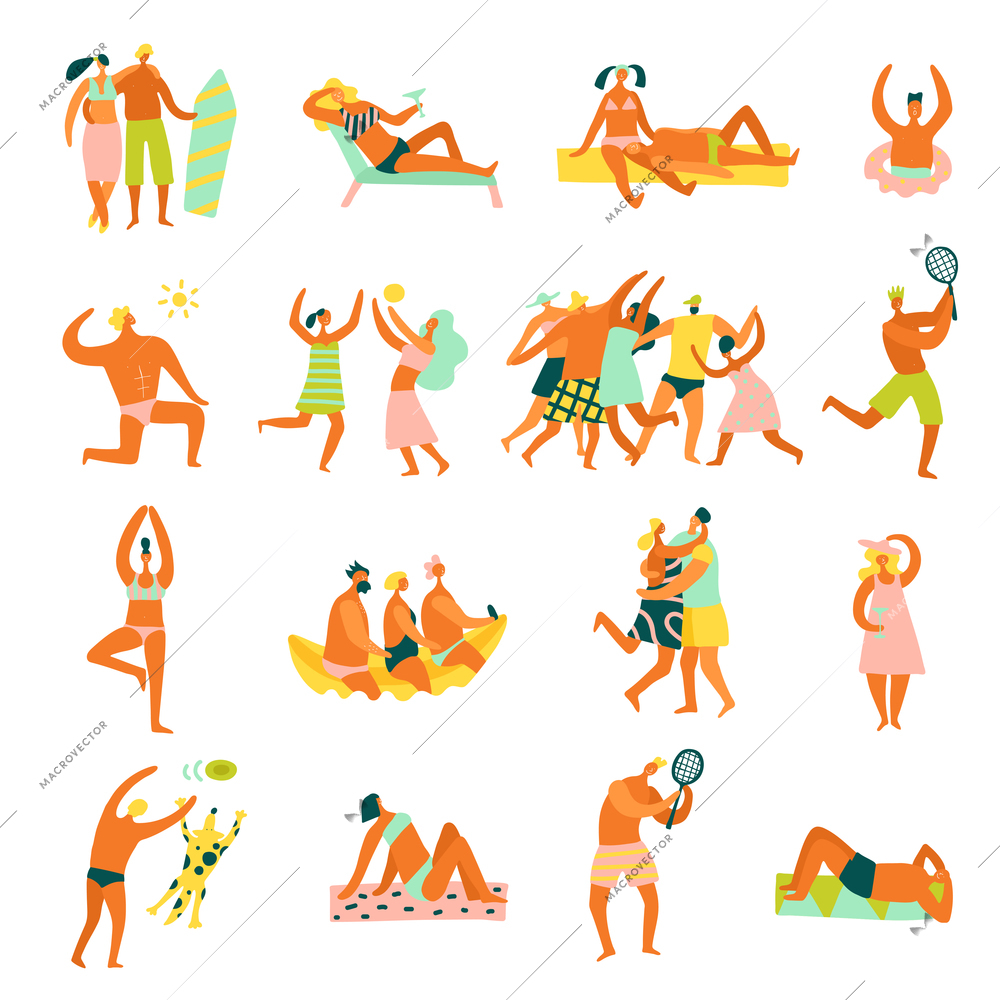 Beach vacation people cartoon style figures dancing practicing yoga sunbathing surfing playing tennis collection isolated vector illustration