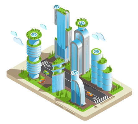 Isometric futuristic skyscrapers colored composition part of the city with skyscrapers in 3d style located on the smartphone screen vector illustration