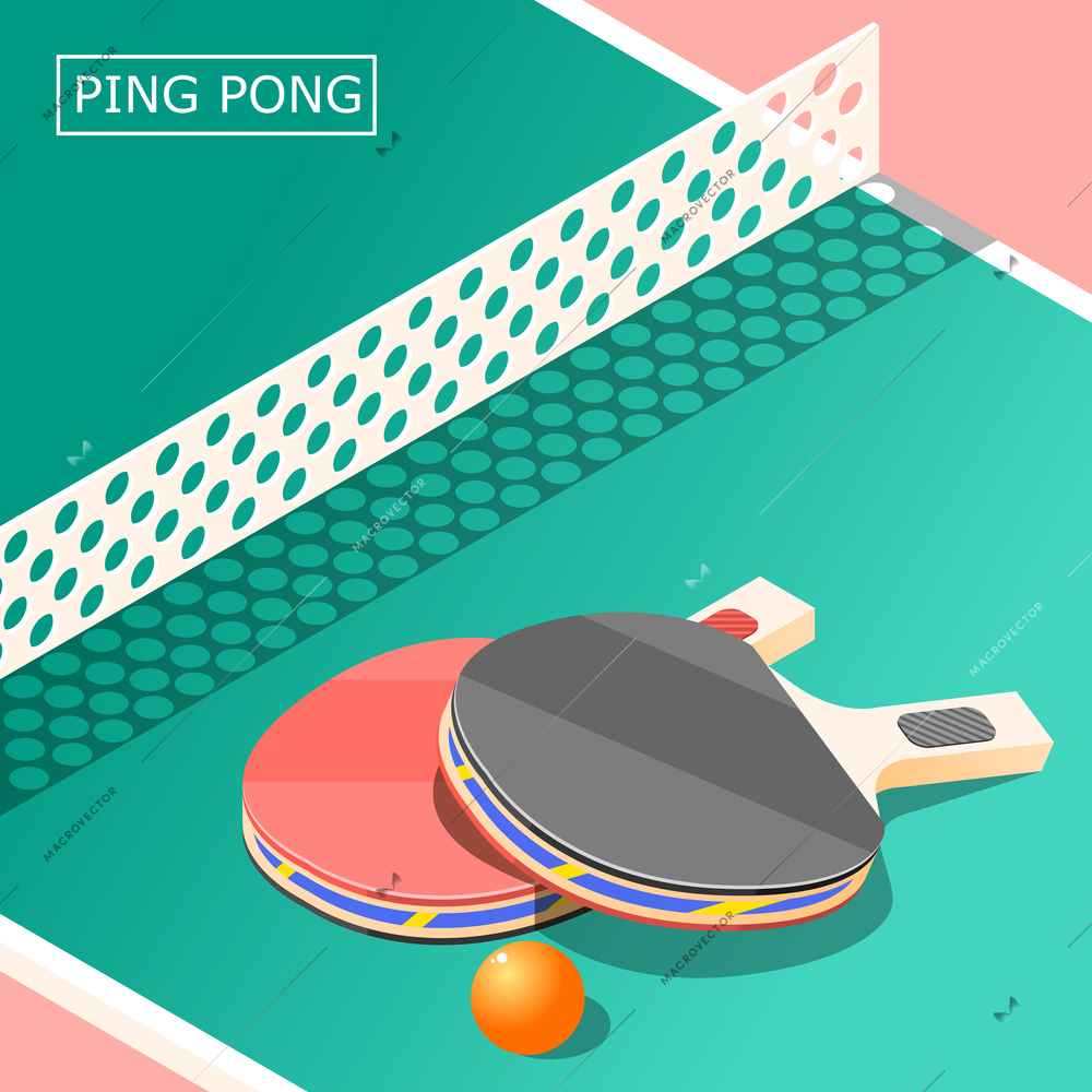 Ping pong isometric background with sports equipment including table, rackets with ball and net vector illustration