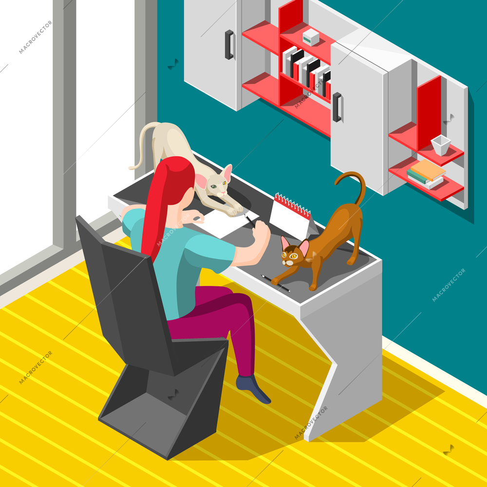 Woman during working process and playful cats on desk isometric background with home interior vector illustration