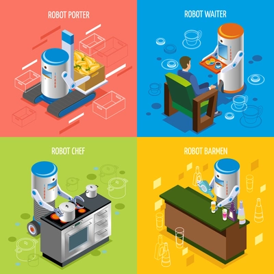 Isometric robotic restaurant icon set with robot porter waiter chef and barmen descriptions vector illustration