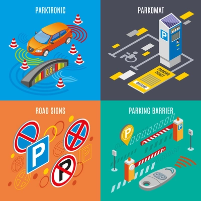 Isometric parking icon set with parktronic parkomat road sings and parking barriers descriptions vector illustration