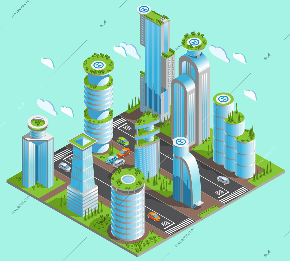 Isolated and isometric futuristic skyscrapers composition with a lot of office buildings in downtown area with mirrored windows and helipads vector illustration