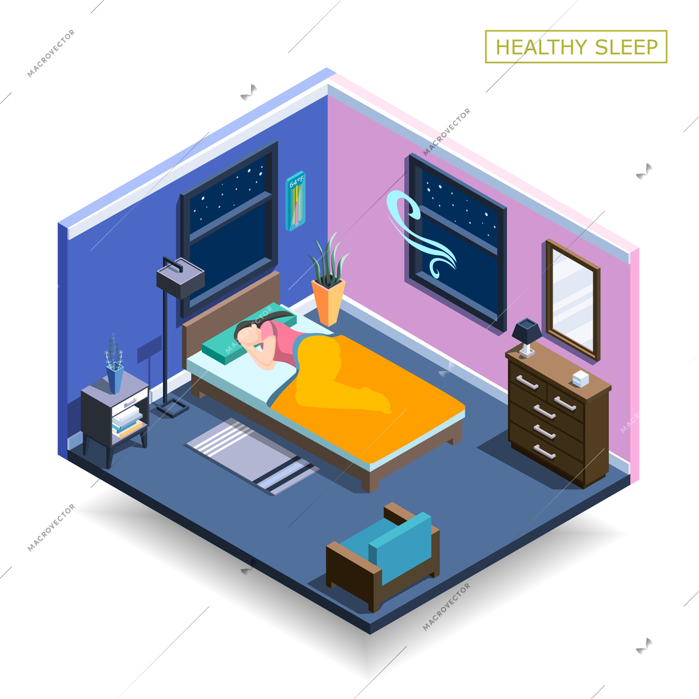 Full sleep isometric composition with human character during night rest in home interior vector illustration