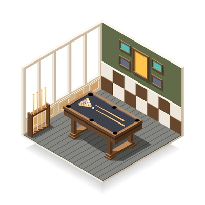 Billiard room interior with game equipment including wooden table, balls, cue sticks, isometric composition vector illustration